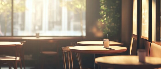 Serene coffee shop interior with empty tables urban setting cozy atmosphere warm light
