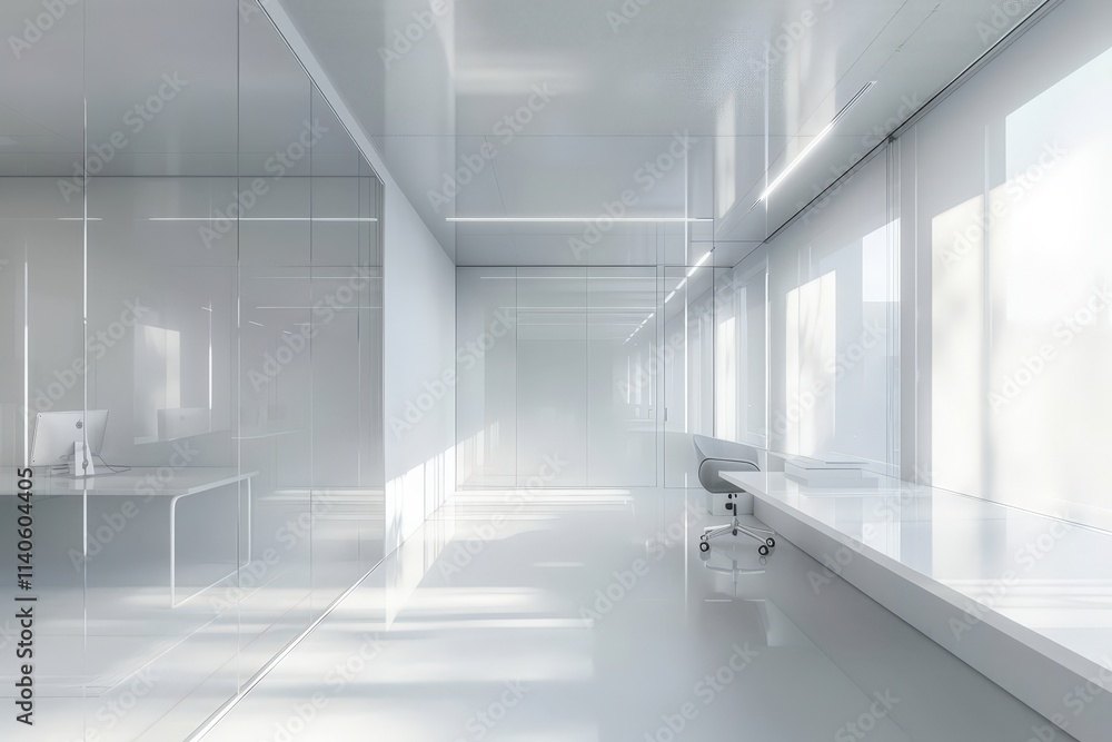 Poster Modern office workspace with abundant natural light and minimalistic design in a serene environment