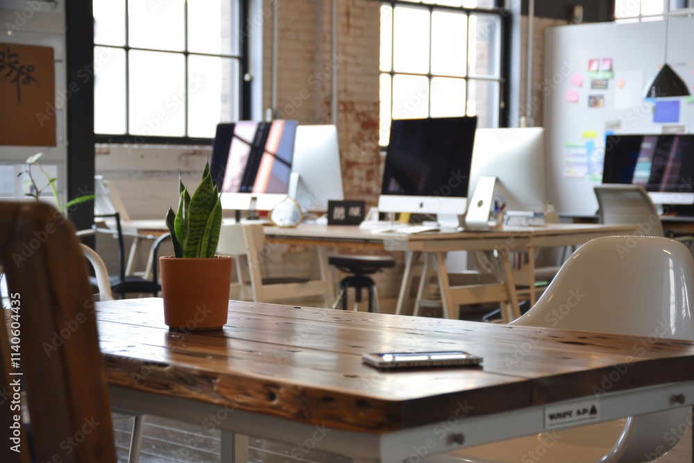 Poster Modern office workspace with abundant natural light and minimalistic design in a serene environment