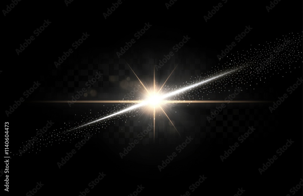 Poster Light effect with flash on black background. Golden star, spark or flare. Abstract glow in the dark with bokeh and dust particles. Bright, shining line with motion blur. Starlight, space, sunbeam.