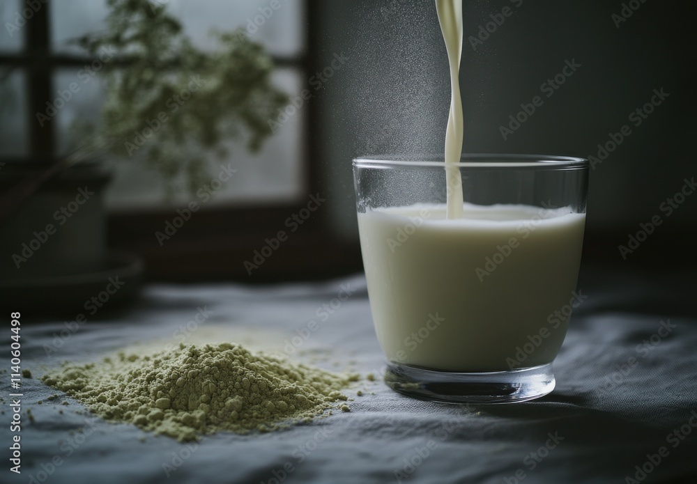 Poster pouring milk into a glass next to green powder on a soft fabric surface with a softly lit window bac