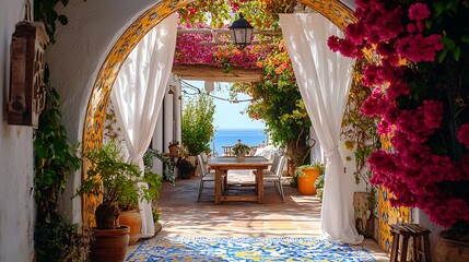An open archway with bold blue and yellow Mediterranean tilework, leading to an outdoor dining area surrounded by blooming bougainvillea, a wooden table,