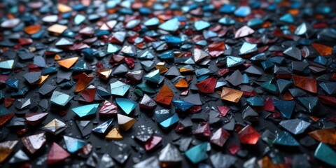 Fototapeta premium Mosaic glass shard fragments on a dark background, bright shards, colorful shards, shards