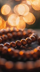 Meditation beads closeup soft temple bokeh natural light tranquil environment artistic perspective