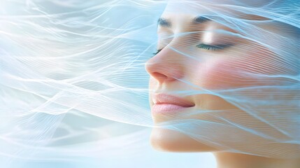 of a woman’s relaxed face, integrated with an image of gentle water ripples, symbolizing calm and tranquility. | [Women]:[mental health] 
