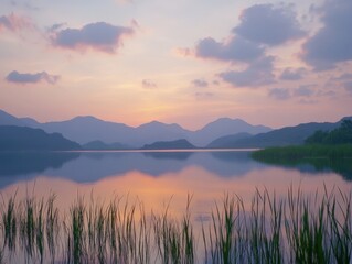 Fototapeta premium a peaceful sunset over a calm lake with mountains in the distance