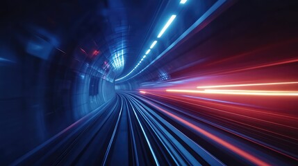 Fototapeta premium A high-speed train passing through a tunnel, with bright lights illuminating the interior as it moves at full speed