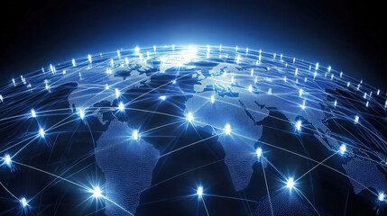 Global network interconnected world digital connection bright glowing technology communication city lights map earth globe internet data network global business connection futuristic abstract