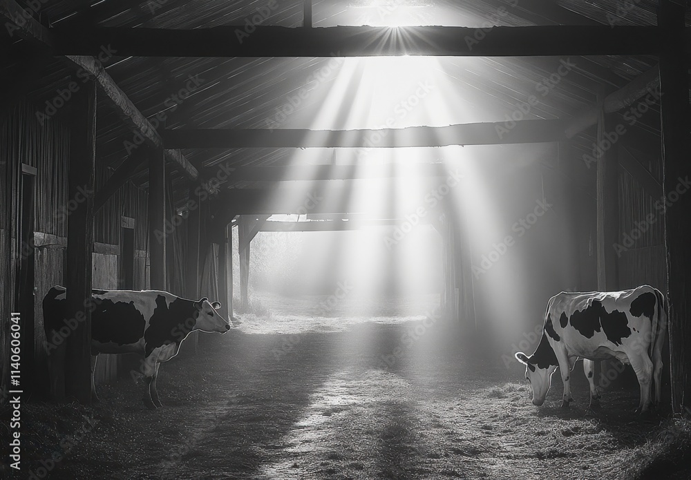 Aufkleber serene farm scene with cows under rays of light streaming through a rustic barn structure, capturing