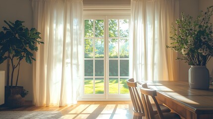 Fototapeta premium Elegant white double French doors with glass panes, opening into a sunlit dining room featuring a polished wooden table, high-backed chairs, and sheer curtains gently swaying in the breeze. Bright,