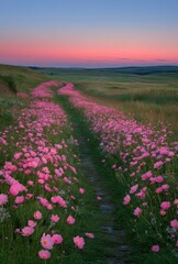 Fototapeta premium Serene Pathway Surrounded by Pink Wildflowers at Dusk Beneath a Soft Gradient Sky, Perfect for Nature and Landscape Photography Enthusiasts
