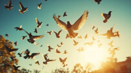 Flock of Birds Gliding Under Clear Noon Skies Nature Photography Serene Environment Aerial View Freedom and Beauty