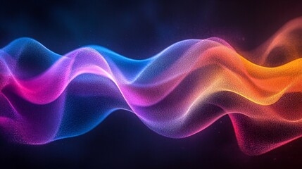 A vibrant abstract design featuring a colorful wave of sand or light that undulates across a dark background.