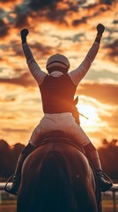 Jockey raising arms while riding horse at sunset: celebrating victory in horse racing