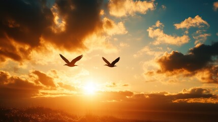 Birds Flying Under a Glowing Orange Evening Sky Sunset Wildlife Photography Nature Aerial View Serenity