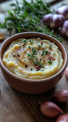 Creamy mashed potatoes garnished with fresh herbs and spices in rustic bowl