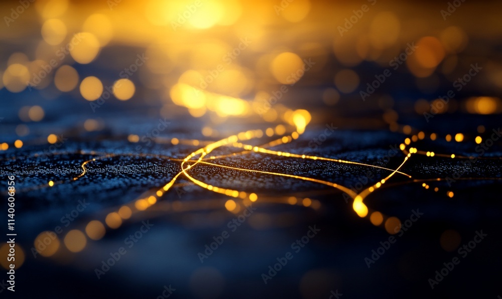 Poster abstract dark background with glowing golden lines and bokeh lights.