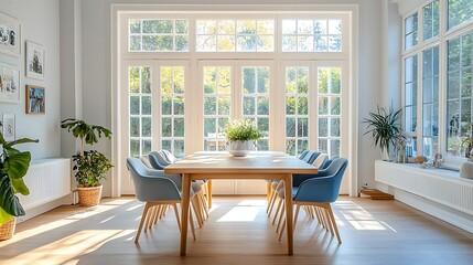 Large white French doors with bevelled glass, opening into a bright dining room with a rectangular oak table, pastel-colored chairs, and natural light flooding the space. Soft, welcoming,