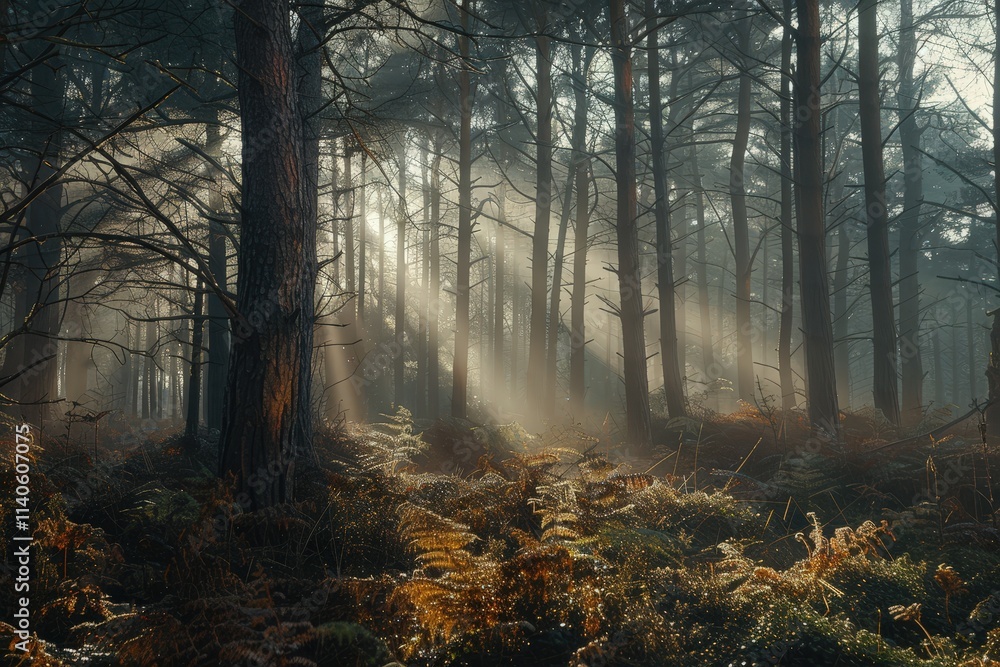 Aufkleber morning sunlight filters through dense trees in a peaceful forest, illuminating ferns and creating a