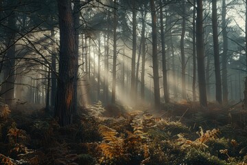 Morning sunlight filters through dense trees in a peaceful forest, illuminating ferns and creating a tranquil atmosphere