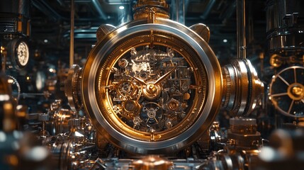 Fototapeta premium A large, complex timepiece made of gold and silver metals.