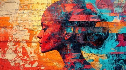 Fototapeta premium Vibrant digital street art double exposure profile in a colorful urban setting