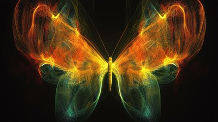 Vibrant abstract butterfly symmetrical motion lines in digital art environment