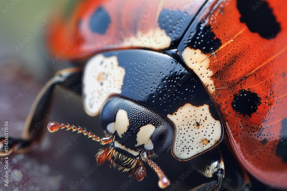 Aufkleber Close-up view of a vibrant ladybug showing intricate patterns on its shell, highlighting its natural beauty in a garden setting during the afternoon