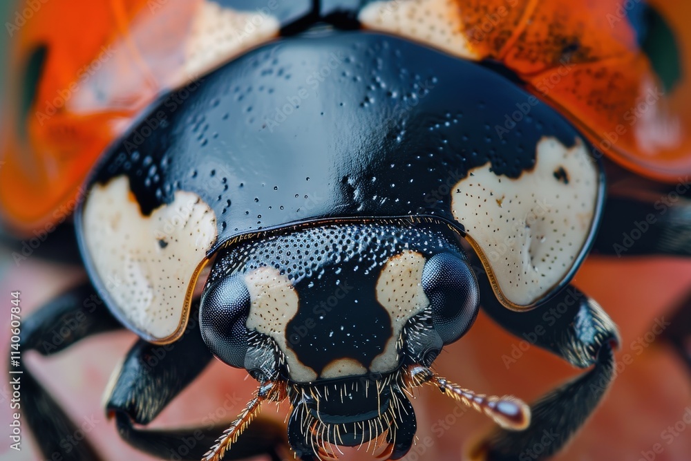 Poster Close-up view of a vibrant ladybug showing intricate patterns on its shell, highlighting its natural beauty in a garden setting during the afternoon