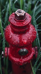 Fototapeta premium Red fire hydrant covered in water droplets surrounded by green grass