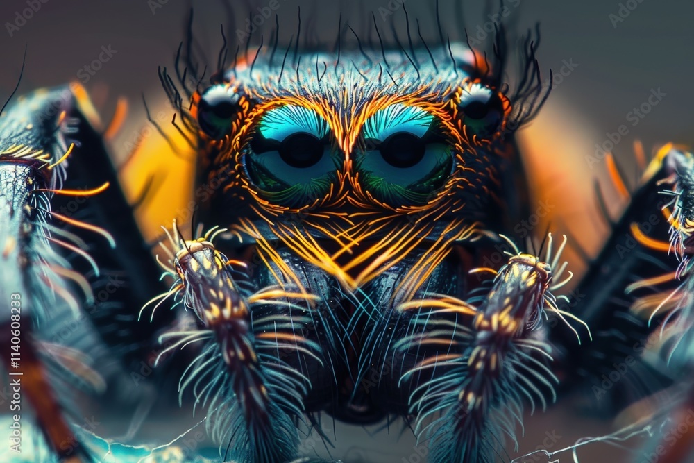 Poster detailed close-up of a colorful jumping spider showcasing its vibrant eyes and unique patterns again