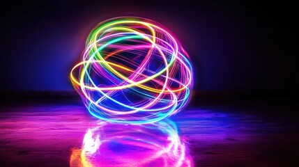 Vibrant neon light swirls illuminate urban artistic space with abstract displays