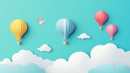 Fototapeta premium Colorful balloons ascending into clear sky open air scene digital illustration whimsical concept