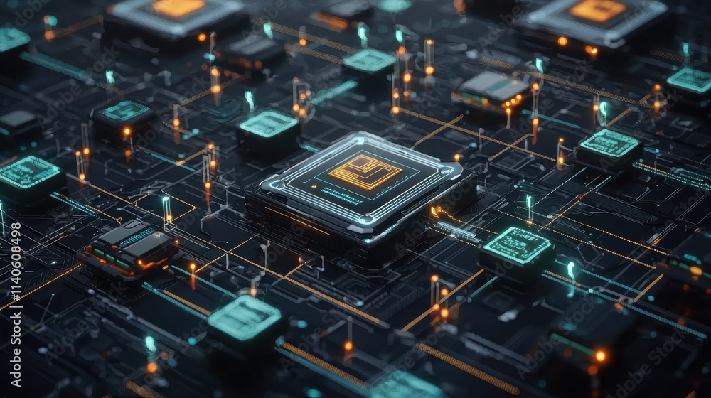 Poster futuristic network visualization with decentralized nodes and blockchain technology elements
