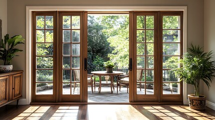 Fototapeta premium Traditional French doors with wooden frames and clear glass, opening into a cozy dining room with a small round table, cushioned chairs, and sunlight reflecting off polished floors. Simple, classic,