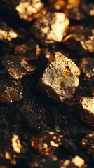 Gold nuggets glittering on dark ore, concept of wealth and mining