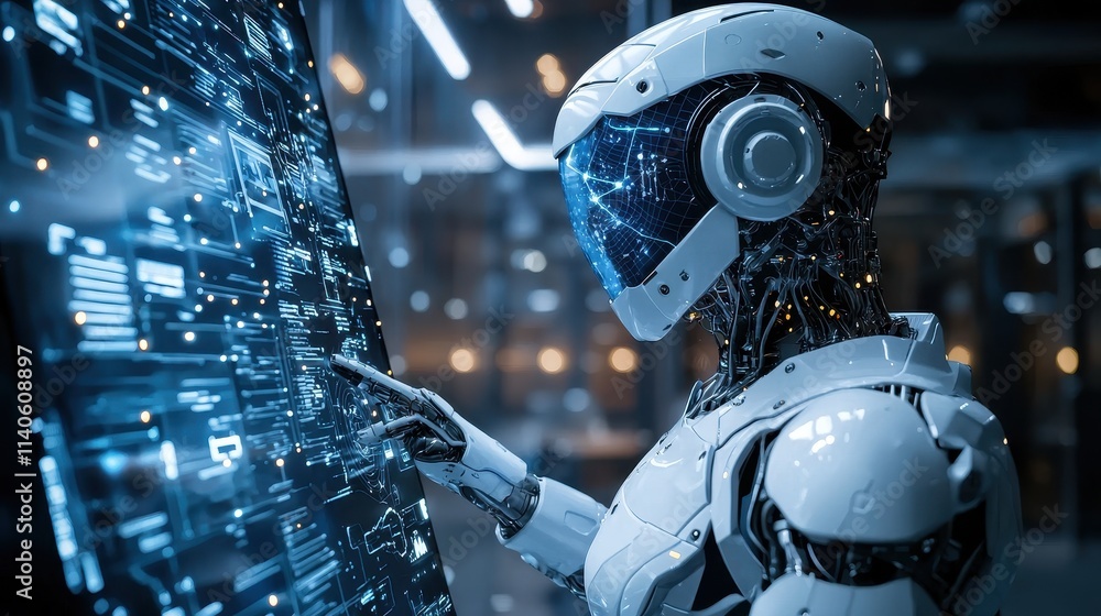 Poster business consultant discussing automation strategies with advanced robot technology