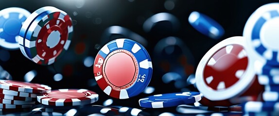 Photograph of a close-up view of a pile of poker chips, with red, blue, and white chips scattered around. The background is blurred, with a dark and moody atmosphere. The chips are shiny and reflectiv