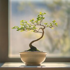 Bonsai tree in ceramic pot on windowsill
