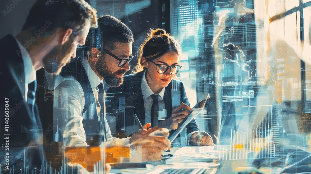 Aufkleber business team analyzing data to boost productivity with ai insights in modern office environment