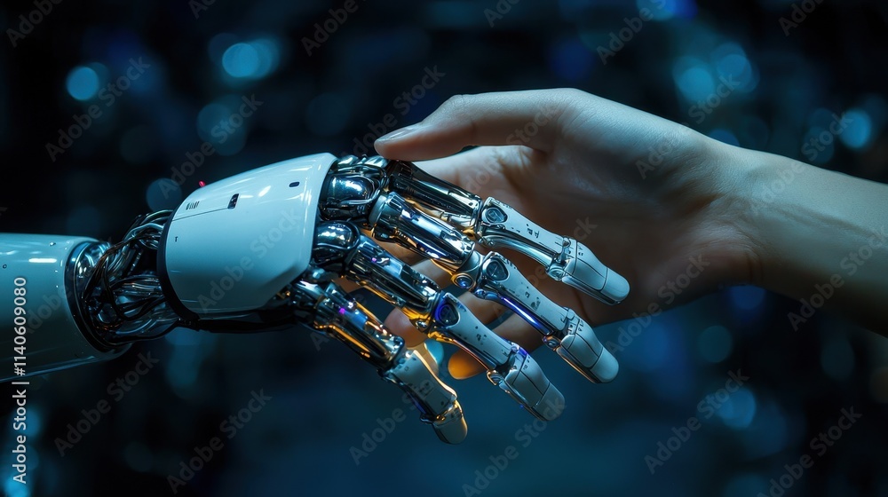 Poster collaborative technology in workplace automation: human and robot hand connection for modern solutio