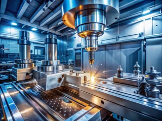 Panoramic CNC Machining: Precision Parts Manufacturing, High-Detail Close-Up, Industrial Automation, Factory Floor Panorama