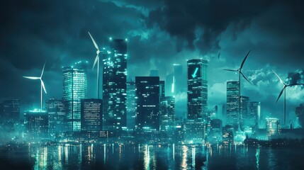 Obraz premium Nighttime City Skyline with Modern Buildings and Wind Turbines Illuminated in Vibrant Blue Tones