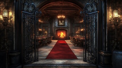 Fototapeta premium Wrought iron gates with an antique patina, leading to a regal dining room with a plush red carpet, a long banquet table, and a roaring fireplace framed by ornate stonework. Dramatic, royal ambiance,