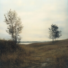 Fototapeta premium Serene landscape tranquil autumn scene peaceful nature calm quiet solitude grassland trees horizon sky water field path brown gold muted overcast day outdoor nature environment scenery view