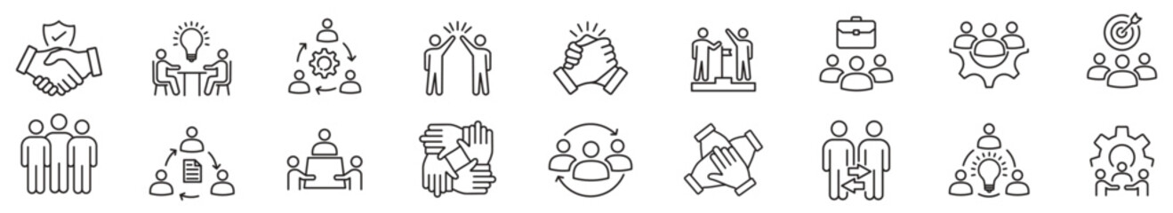 Teamwork icon set in line style. working together.  Business team icon. Containing collaboration, agreement, cooperation, people, achievement, partnership, unity, handshake, help, management, group