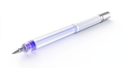 Transparent blue gel pen on white background: modern design and minimalist office supplies
