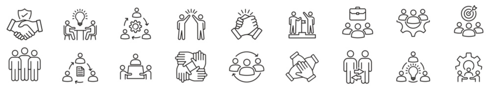 Teamwork icon set in line style. working together.  Business team icon. Containing collaboration, agreement, cooperation, people, achievement, partnership, unity, handshake, help, management, group