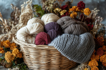 Wicker basket with yarn and dry flowers in autumn and winter colors