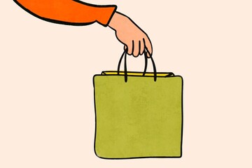 Hand Holding Shopping Bag Illustration in Party Theme Style